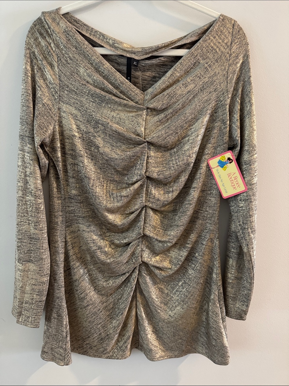 Metallic Gold Ruched Long-Sleeve Top